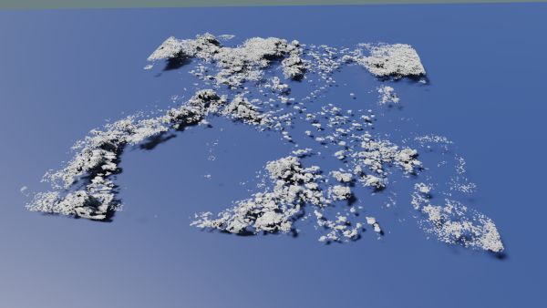 Volume rendering of DALES clouds for 5 Feb 2020 case, featuring cold pools. Offline ray tracing rendering performed with Blender