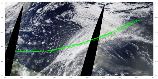 Trajectories based on ECMWF data, superimposed on a MODIS satellite image (NASA Worldview